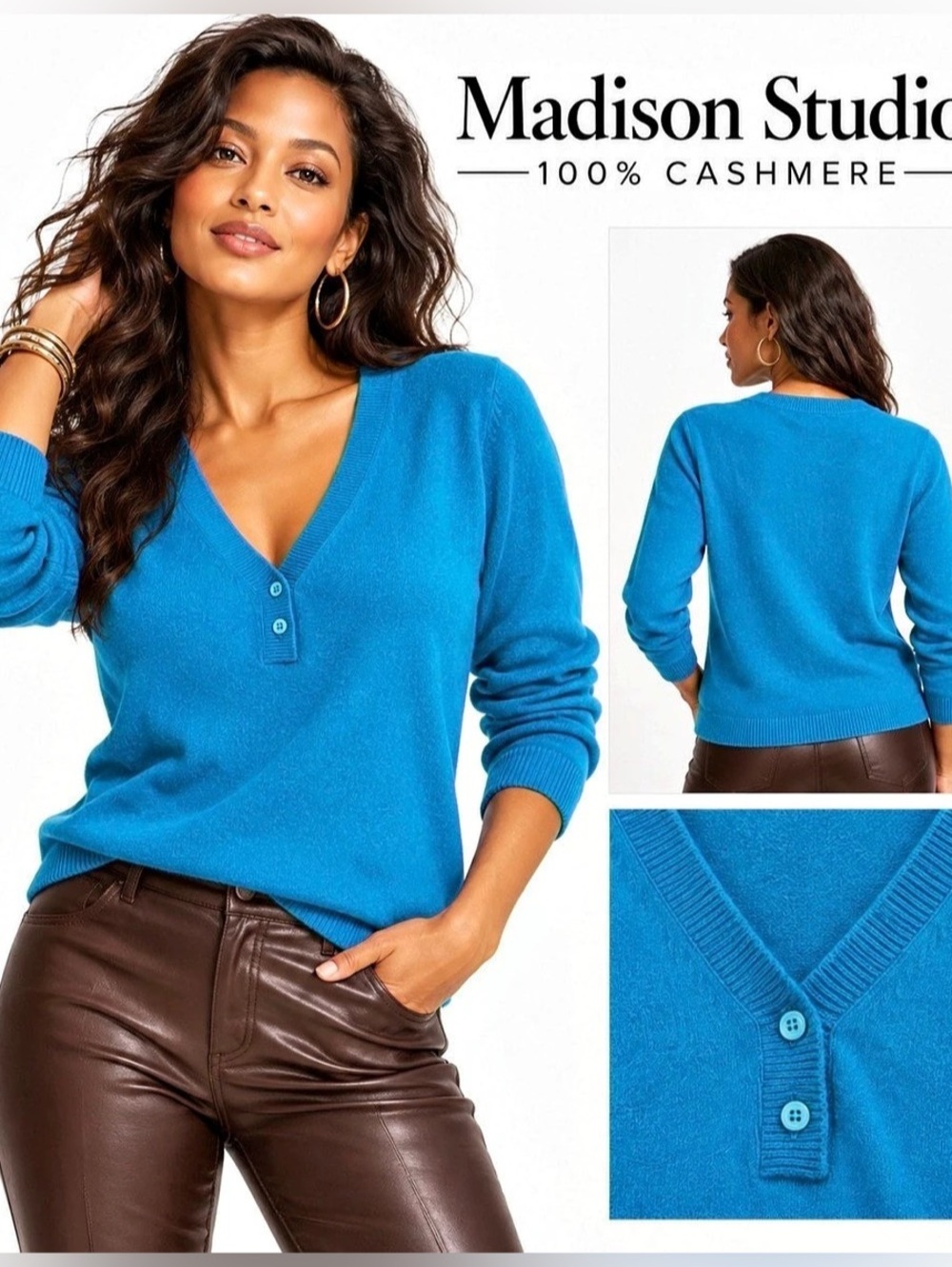 Madison Studio 100% Cashmere Teal Blue V-Neck Sweater 1X